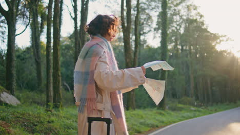 explorer looking direction map standing roadside at autumn forest. woman nature