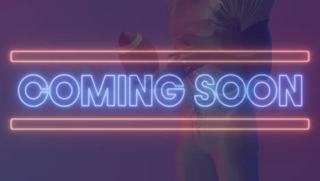 animation of coming soon text over american football player and neon lines