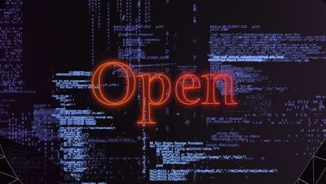 animation of open text in red neon and tunnel, over processing data