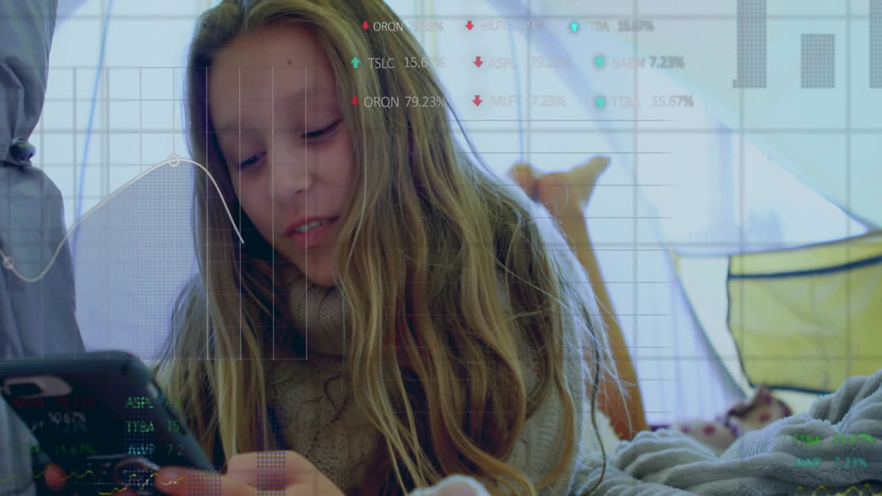 Using smartphone, girl viewing stock market data animation on screen
