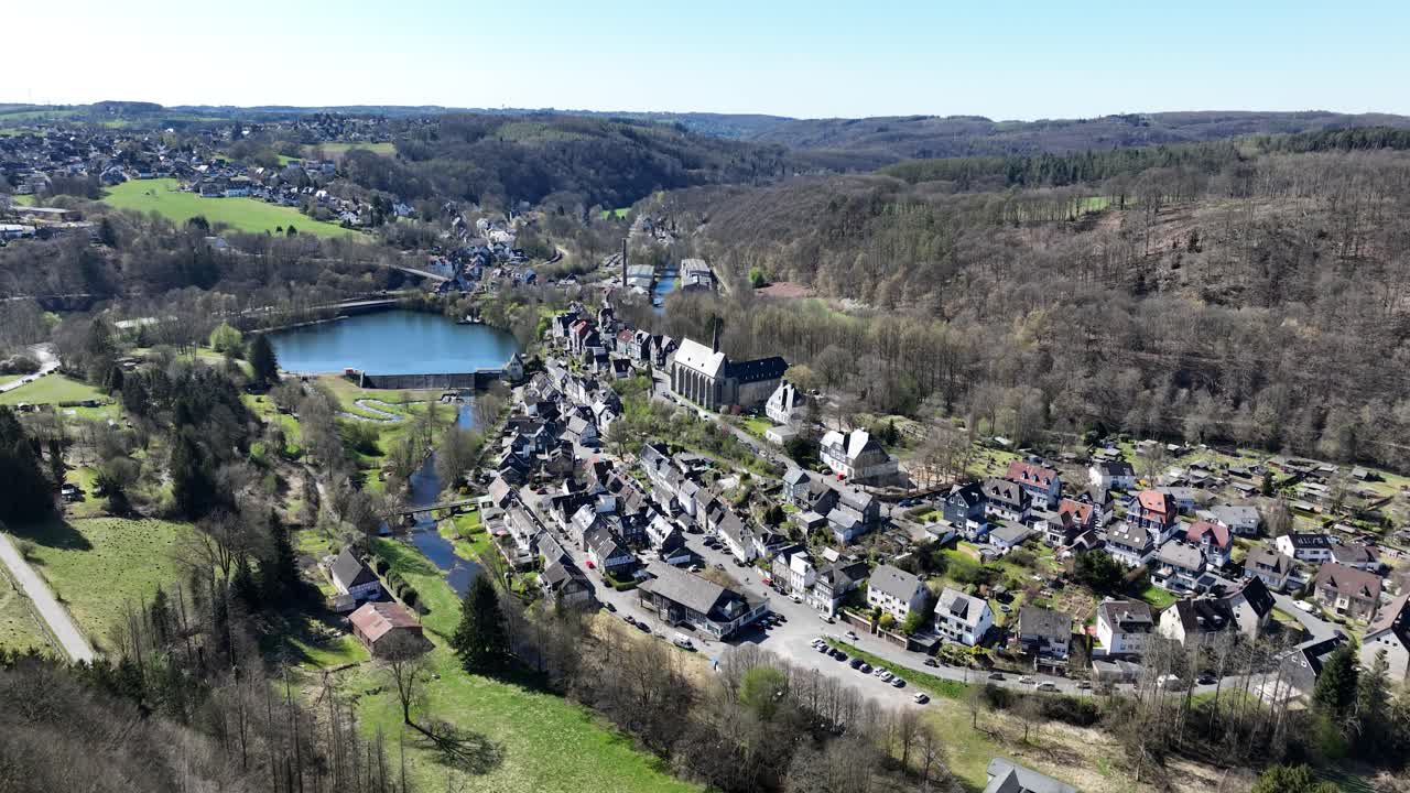 The Wupper forms a reservoir, picturesquely located at the foot of the old town of Beyenburg, Beyenburger Stausee. Aerial view.
