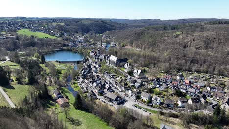 the wupper forms a reservoir, picturesquely located at the foot of the old town of beyenburg, beyenburger stausee. aerial view.