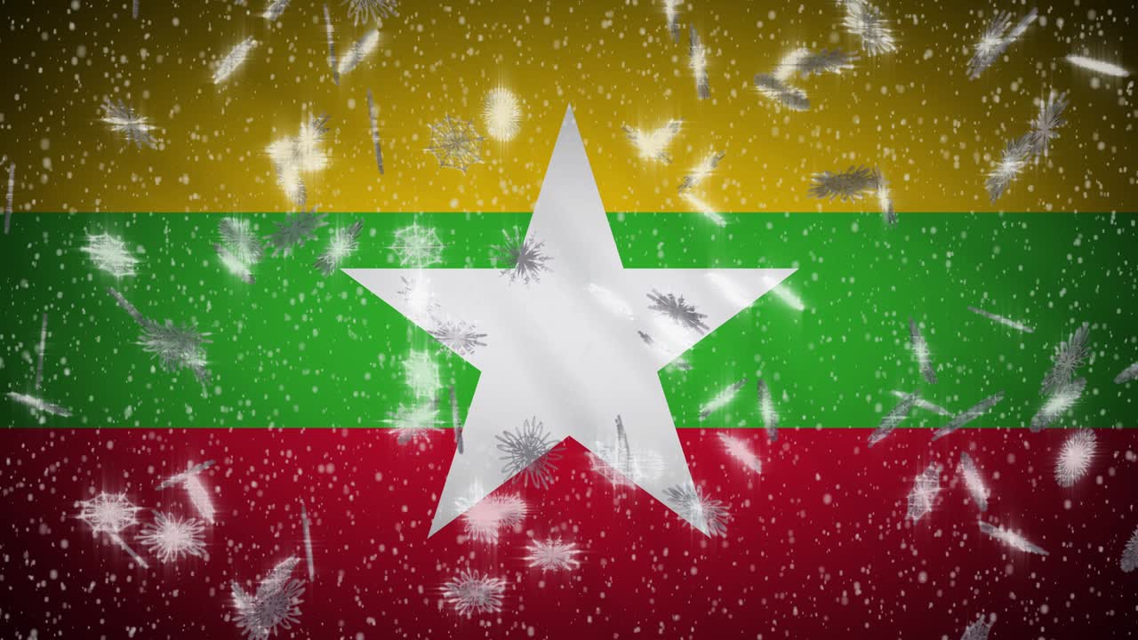 Myanmarin lippu, putoava lumi, toistettava silmukka, uudenvuoden ja joulun tausta