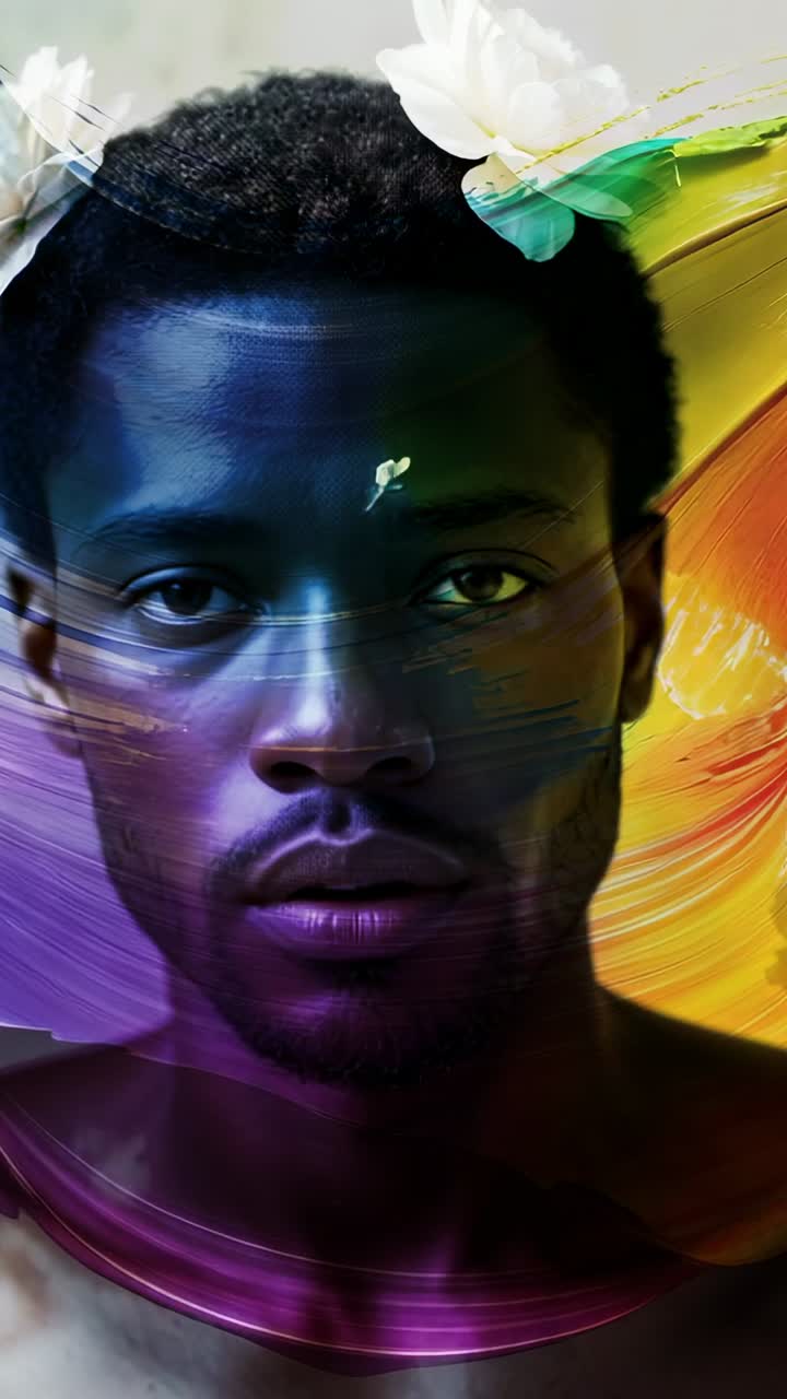 Vertical video: Starting stroke gliding across shirtless man face in studio with flowers and petals