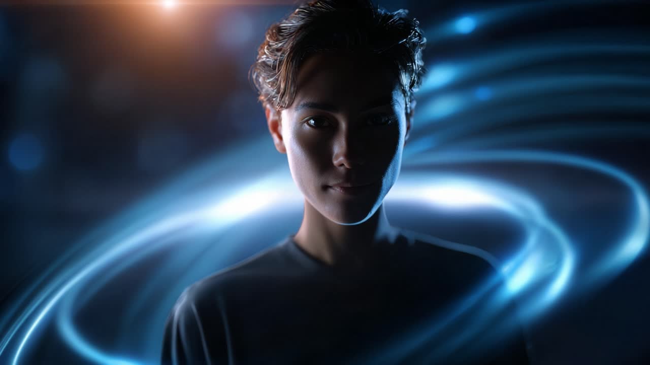 A contemplative moment in a futuristic setting, featuring an individual with dynamic light effects, enhancing the visual depth and emotional atmosphere of the scene