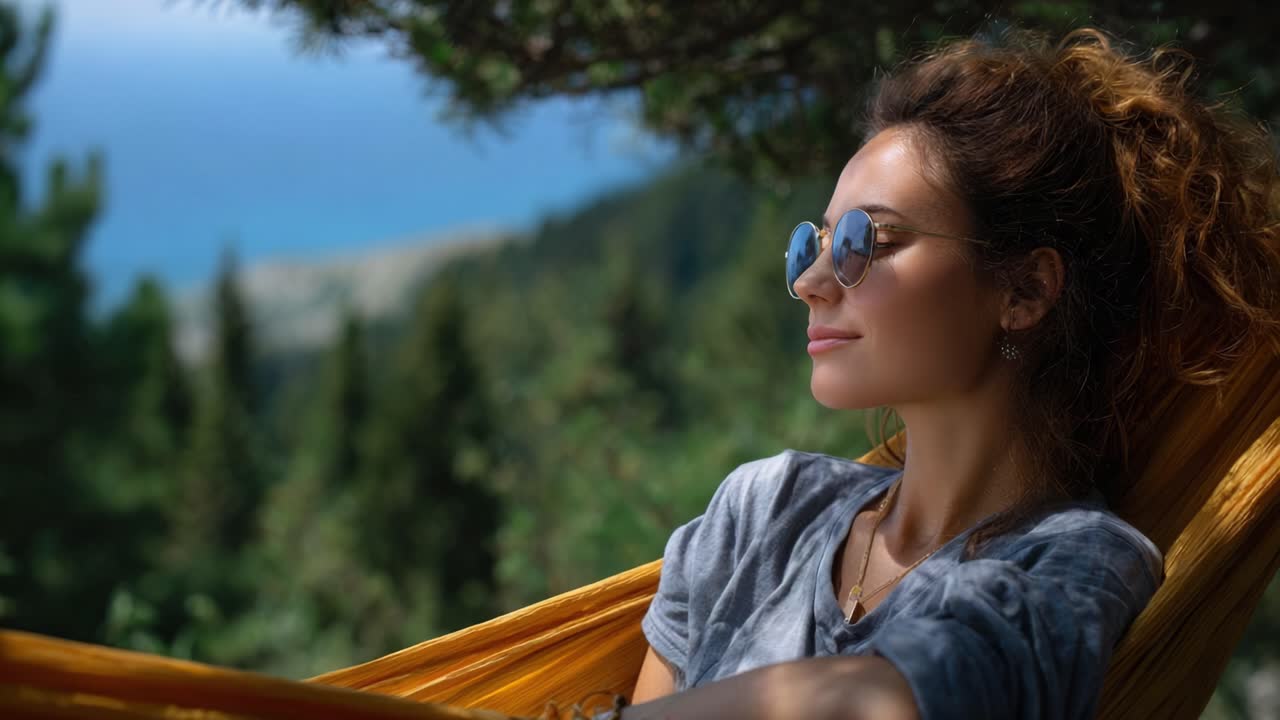 Um momento sereno de relaxamento na natureza: Jovem mulher desfrutando da tranquilidade enquanto descansa em uma rede, rodeada por uma floresta exuberante e vistas deslumbrantes do oceano.
