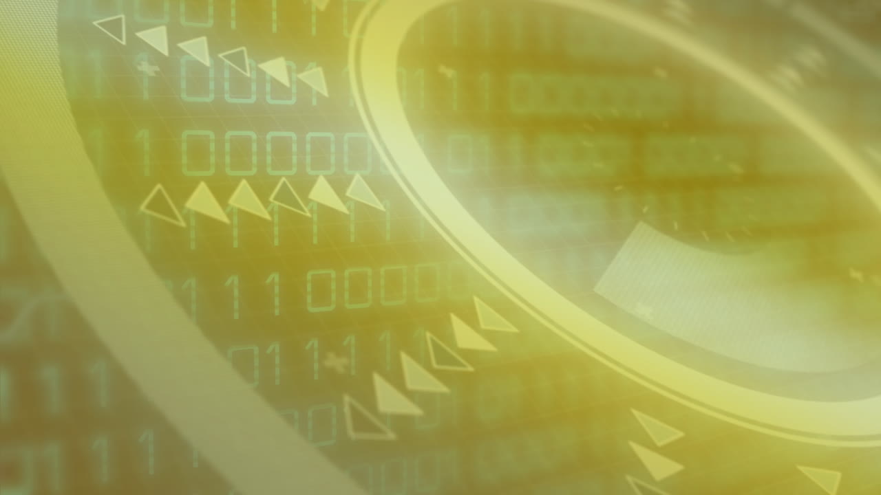 노란색 배경에 대한 둥근 스캐너 및 이진 코딩 데이터 처리의 애니메이션