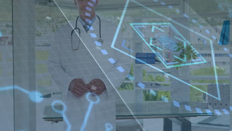 doctor in office with digital medical data processing animation overlay