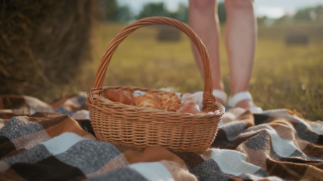 una manta de picnic a cuadros en un campo de hierba con una mujer con sandalias blancas bajando una canasta tejida llena de bocadillos, la suave luz del sol arroja tonos cálidos sobre la bala de heno y el campo abierto