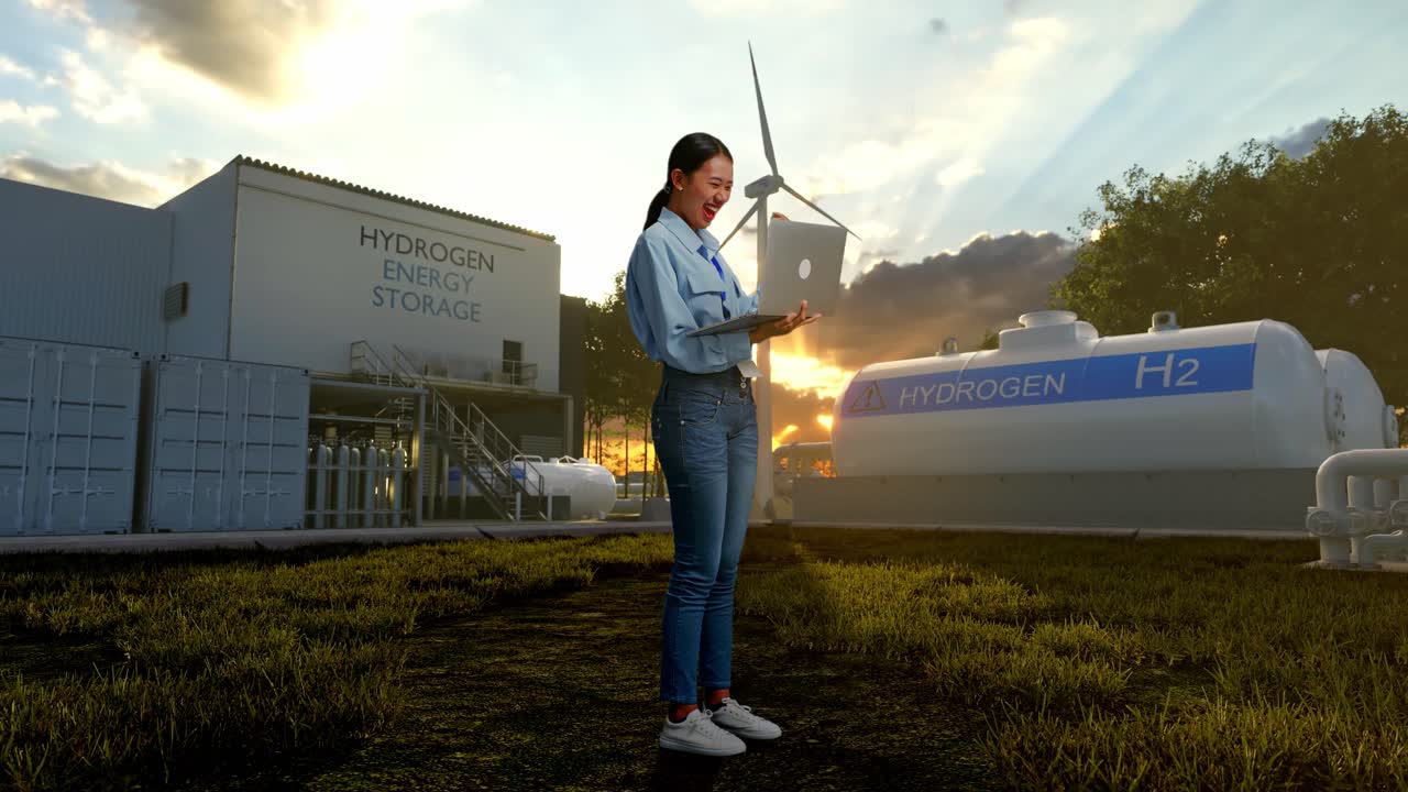 Donna che lavora al computer portatile in un impianto di stoccaggio di energia a idrogeno