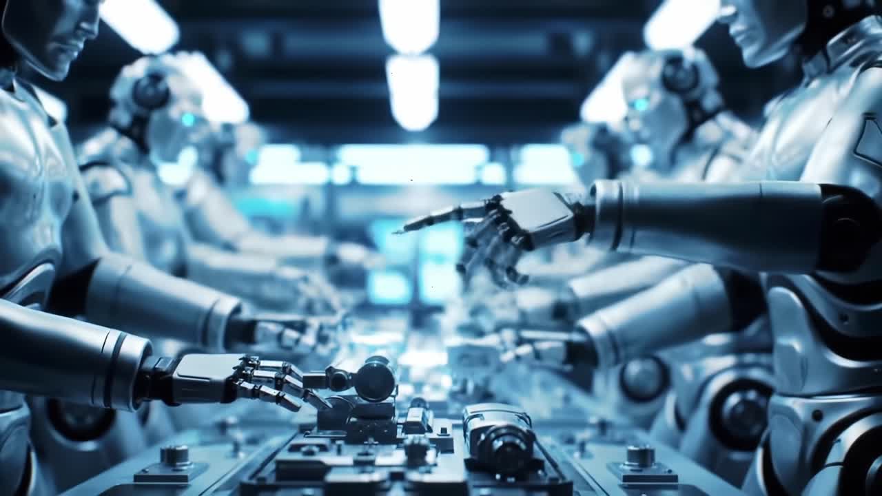 Advanced Robotics Collaboration in Automated Assembly Line: A Close-Up View of Multiple Robots Working Together on Complex Tasks in a High-Tech Environment