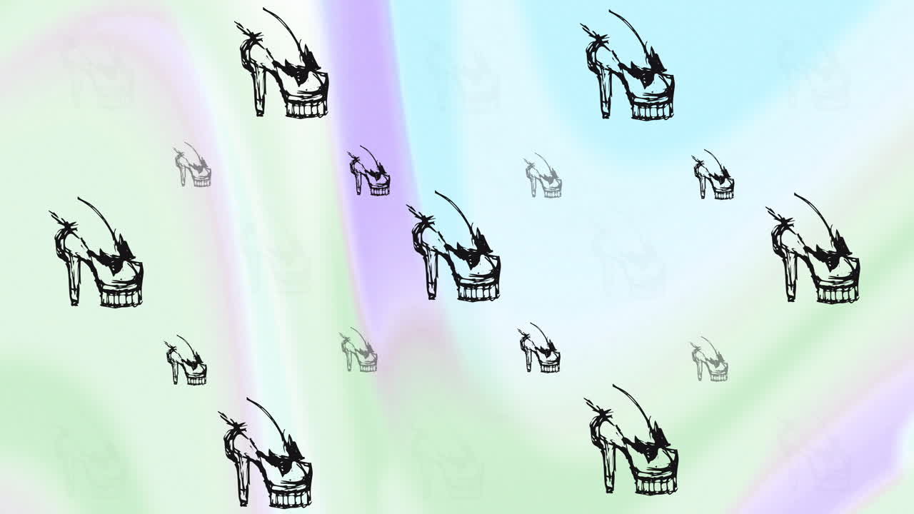 여자의 높은 발 뒤꿈치 신발의 애니메이션은 파스텔 소용돌이에 반복됩니다