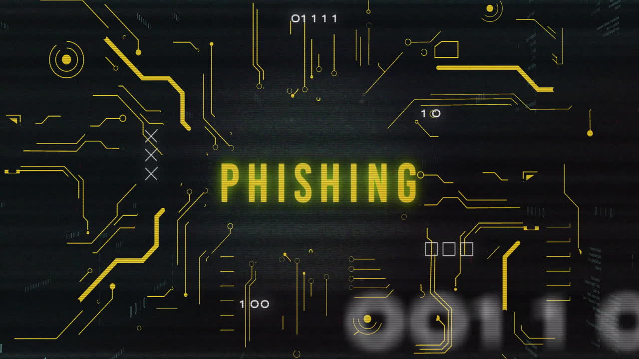 Phishing text animation over binary code and digital symbols on dark background