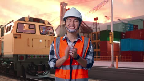 asian male engineer with safety helmet smiling and clapping his hands while standing with freight cargo train at port