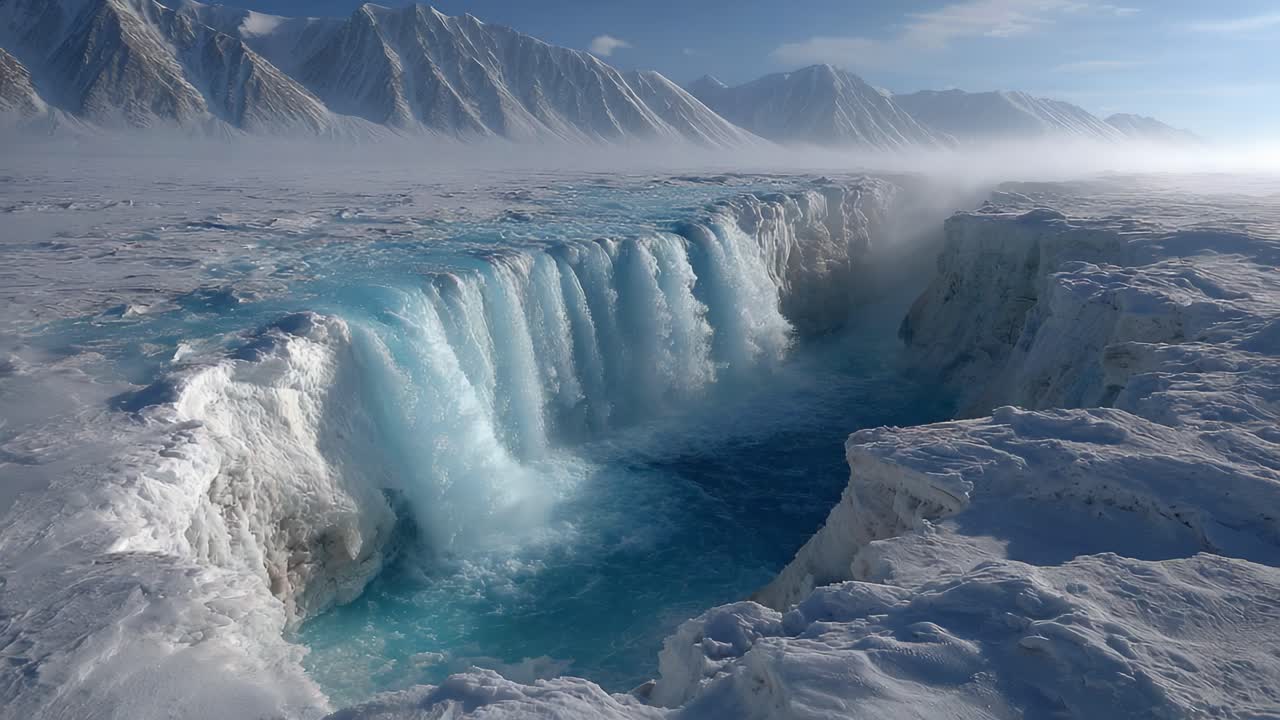 Majestic Frozen Waterfall: A Stunning Display of Ice and Water Amidst the Lush, Snow-Capped Mountains in a Tranquil, Northern Landscape