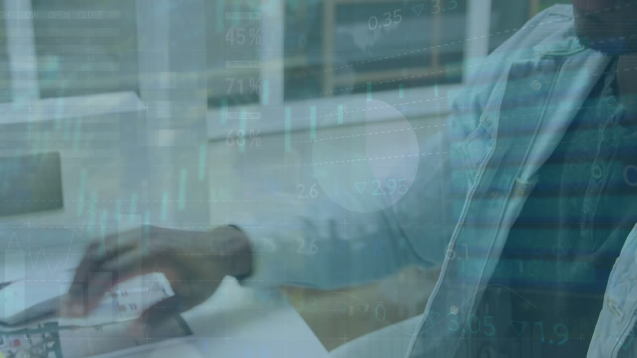 Animation of data processing over african american businessman in office