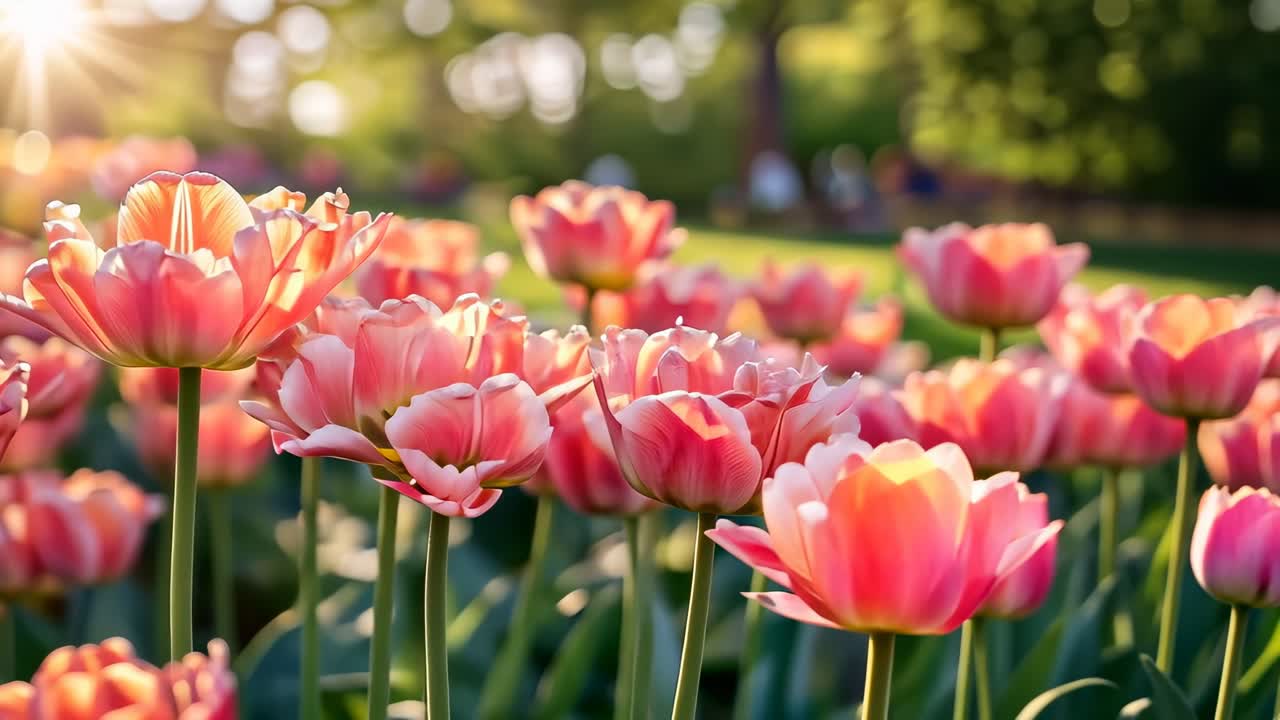 Vibrant video of pink tulips in a sunlit garden, captured from a low angle