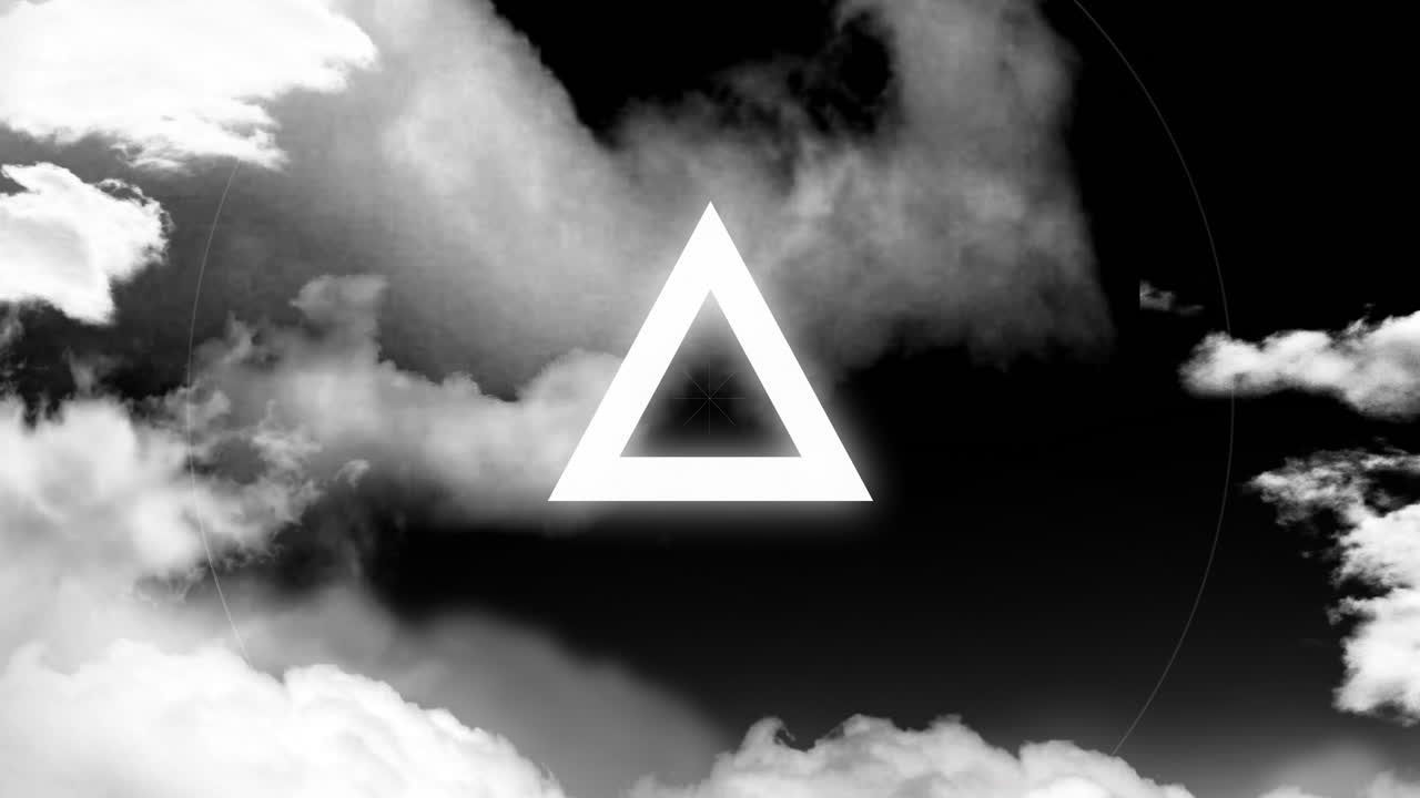 Animation of glowing geometric triangle over dramatic black and white cloudy sky