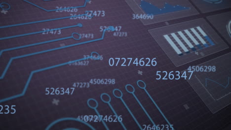animación de números cambiantes a través de la interfaz con procesamiento de datos y conexiones de microprocesadores