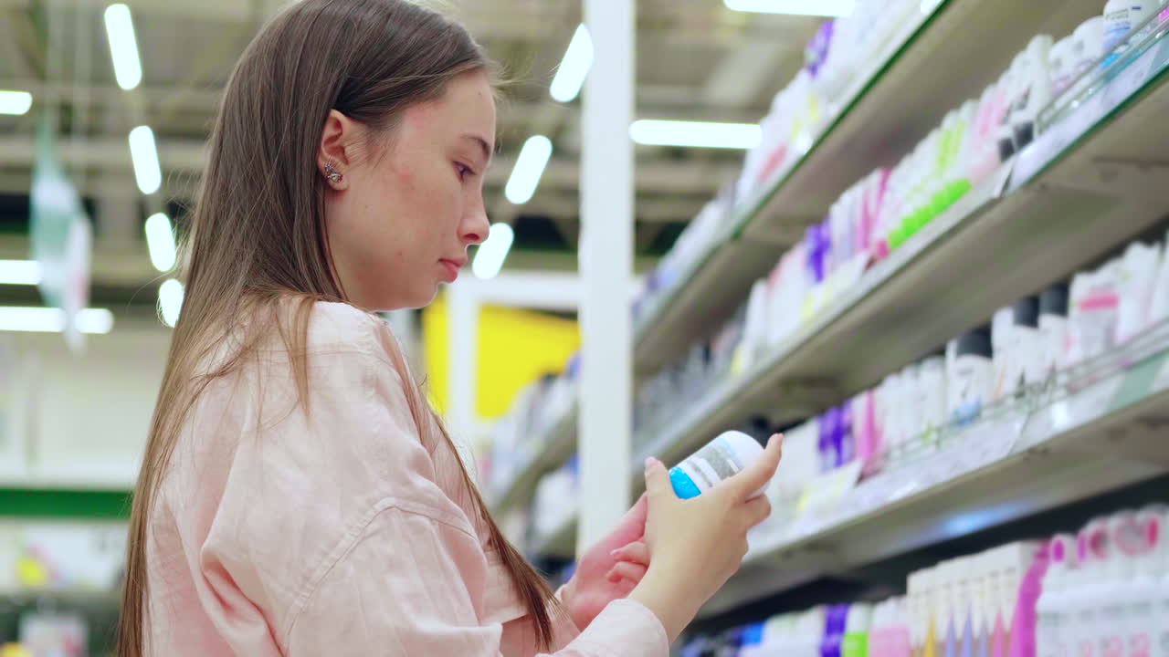 슈퍼마켓 에서 미취제 를 구입 하는 여자