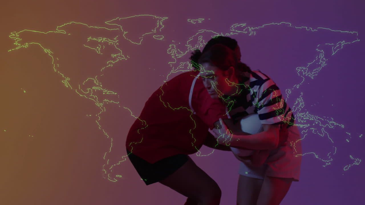 Rugby players in action with animated world map overlay in background