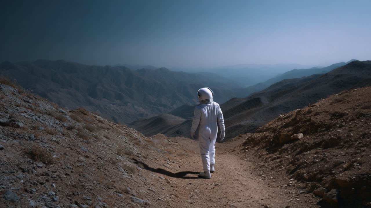 Um astronauta explora uma paisagem desolada, abraçando a solidão em meio a vastas cadeias de montanhas sob um céu sem nuvens, capturando a essência da exploração e aventura.