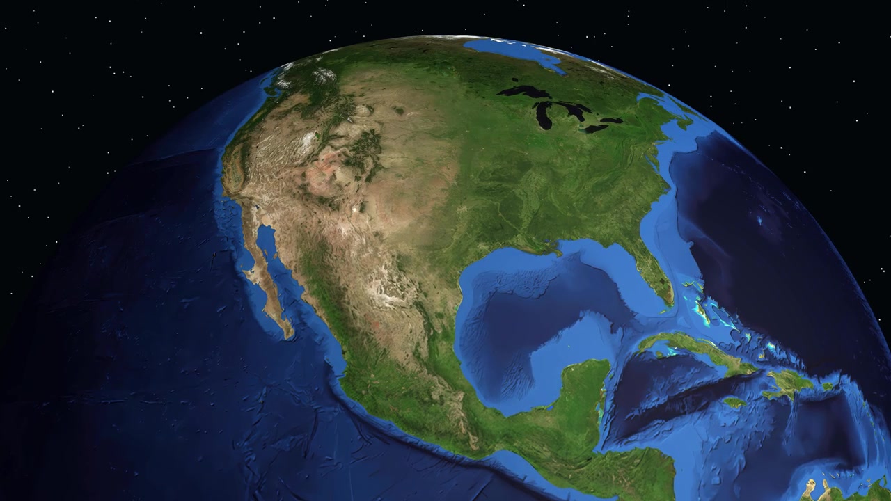 Digital animation zooms from space into North America, highlighting San Antonio with data overlays