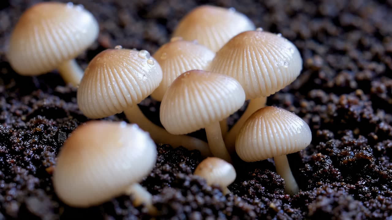 Tiny Mushrooms with Water Droplets Growing in Soil