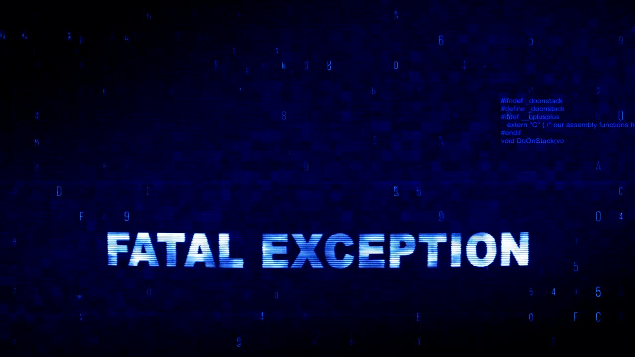excepción fatal texto ruido digital sacudida glitch distorsión efecto error animación de bucle.