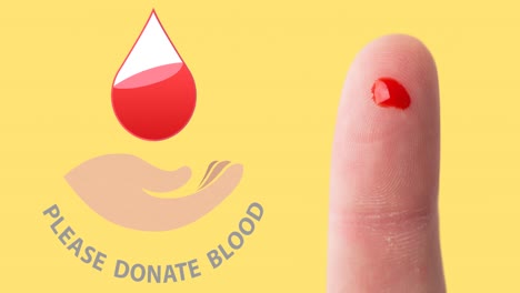 animation of please donate blood text and logo, and finger with drop of blood, on yellow