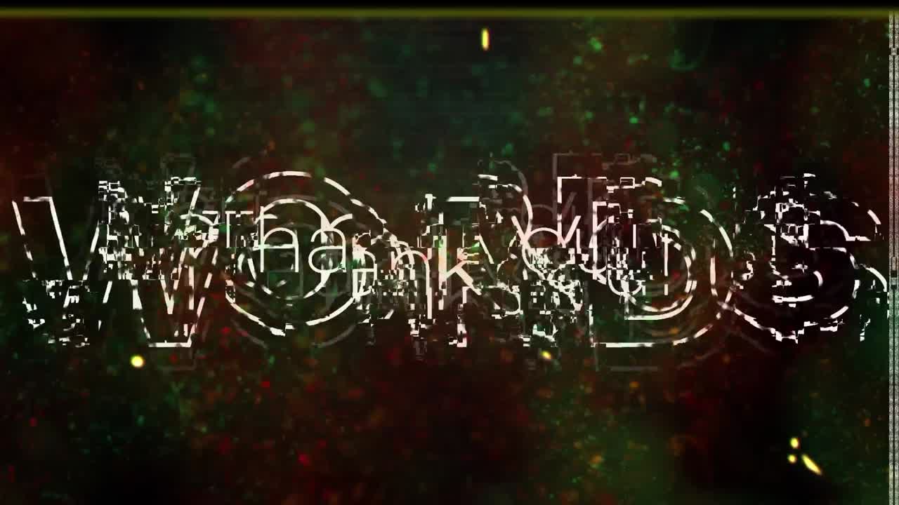 animación de texto de agradecimiento e interferencia en fondo negro.