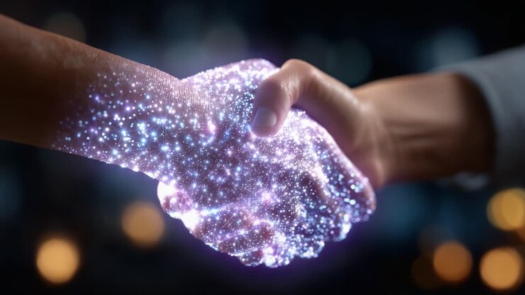 A Celestial Handshake: Two Hands Unite, Merging Stars and Light in a Cosmic Bond Symbolizing Connection, Trust, and Shared Aspirations in a Glowing Universe