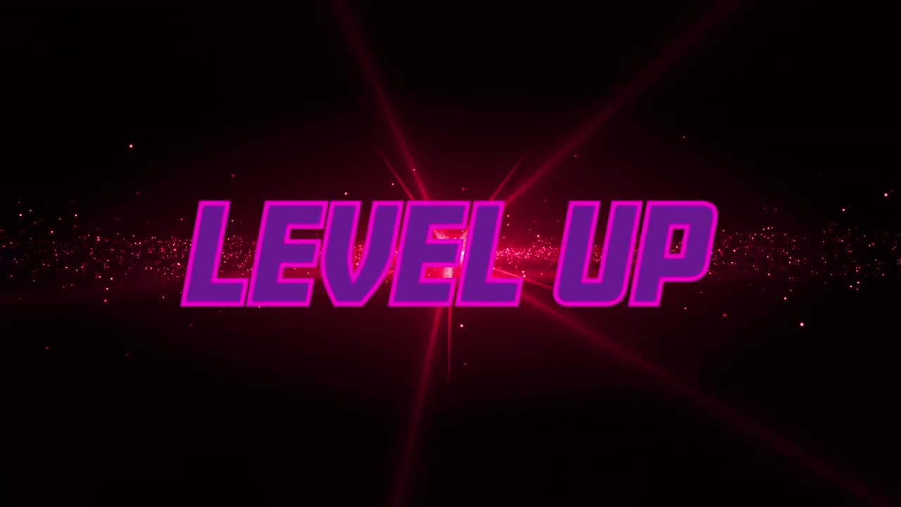 Animation of level up text over red light on black background