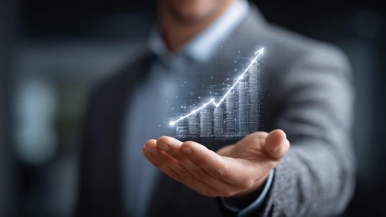 A Professional Holding a Digital Projection of an Increasing Financial Growth Chart, Symbolizing Success, Data Analysis, and Business Advancement in a Modern Environment