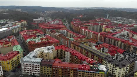 Aerial-Flyover-Of-Colourful-Gothenburg-City,-Vibrant-Travel-Destination-In-Sweden