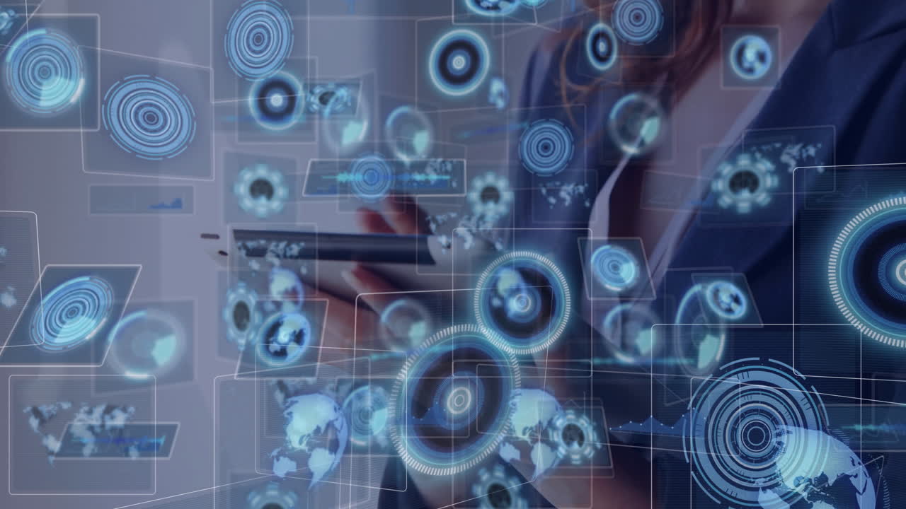 Using smartphone, businesswoman viewing digital data animation in office setting