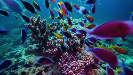 colorful fish schooling over coral reef