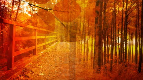 animación del puente y las hojas de otoño sobre el bosque de otoño en el fondo