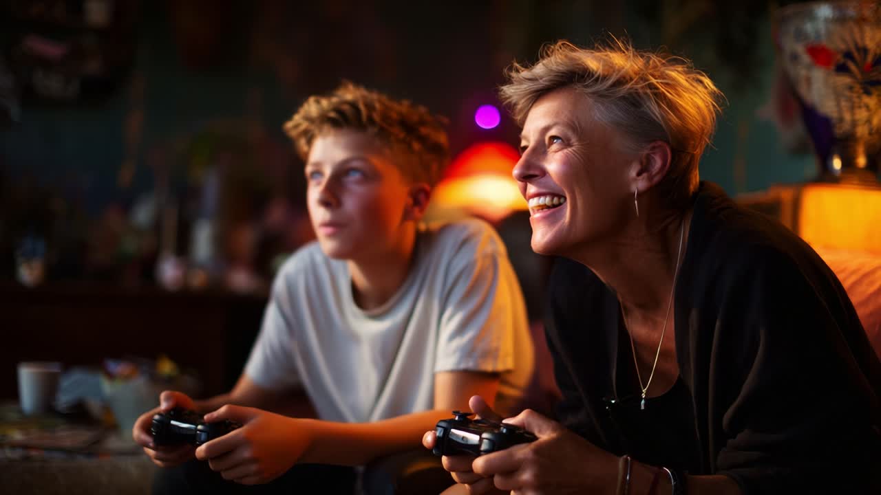 A Joyful Gaming Session Between Family Members: A Woman and Her Son Engaging in Video Games, Sharing Laughter and Family Bonding Moments in a Cozy Living Room Environment