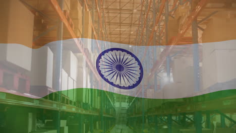 animación de bandera india sobre estantes y cajas de almacén
