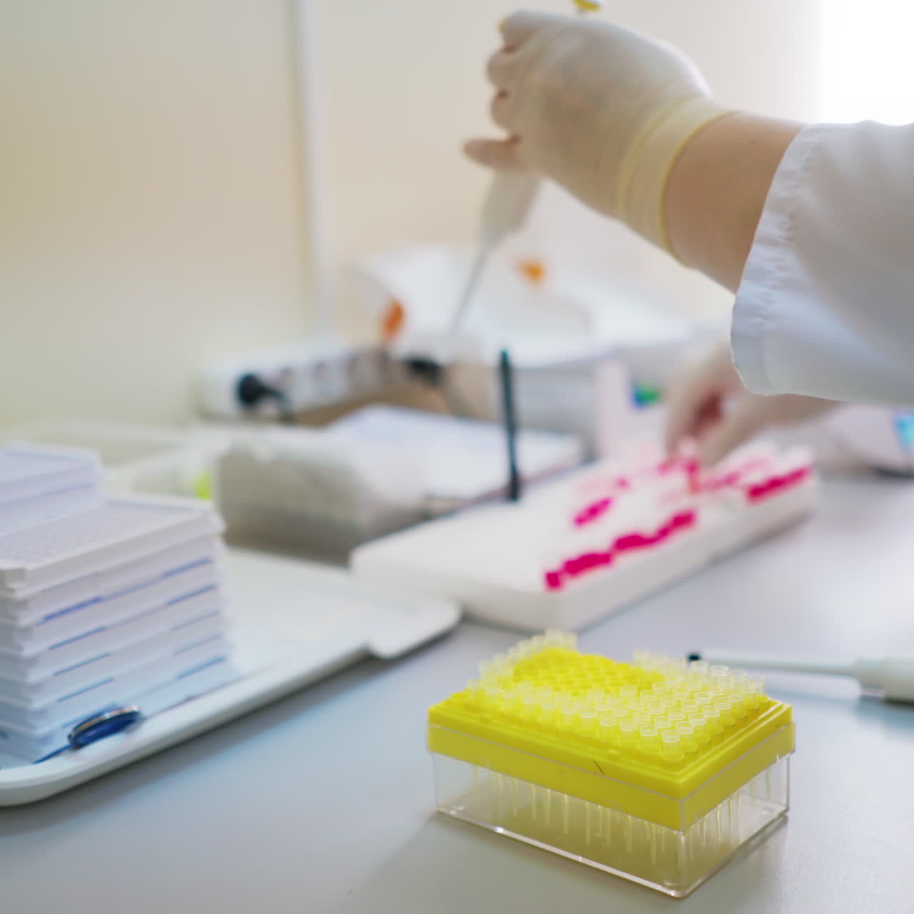 Medical laboratory. Female researcher working with test tubes on the table. Hands of a lab specialist doing analysis with samples indoors.