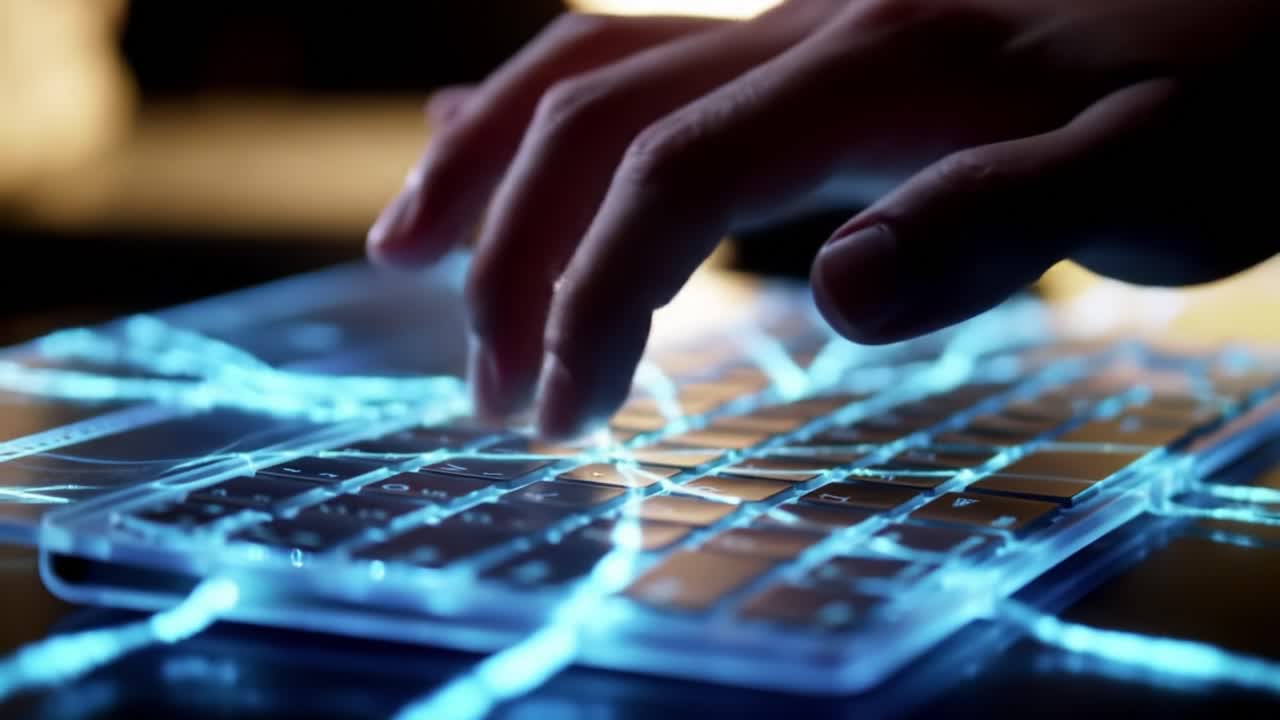 A close-up view of a hand typing on a futuristic keyboard with illuminated wires, showcasing the fusion of technology and human interaction in a digital environment.