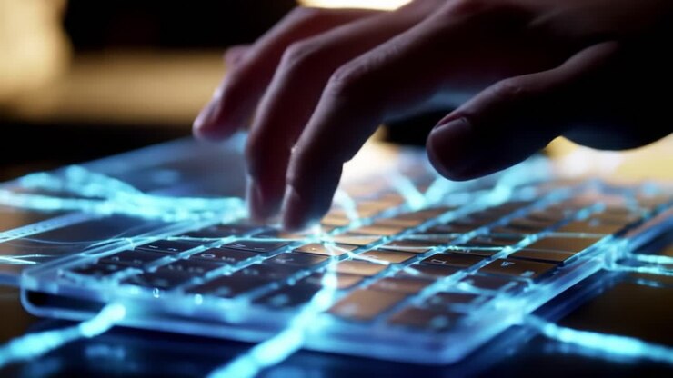 A close-up view of a hand typing on a futuristic keyboard with illuminated wires, showcasing the fusion of technology and human interaction in a digital environment.