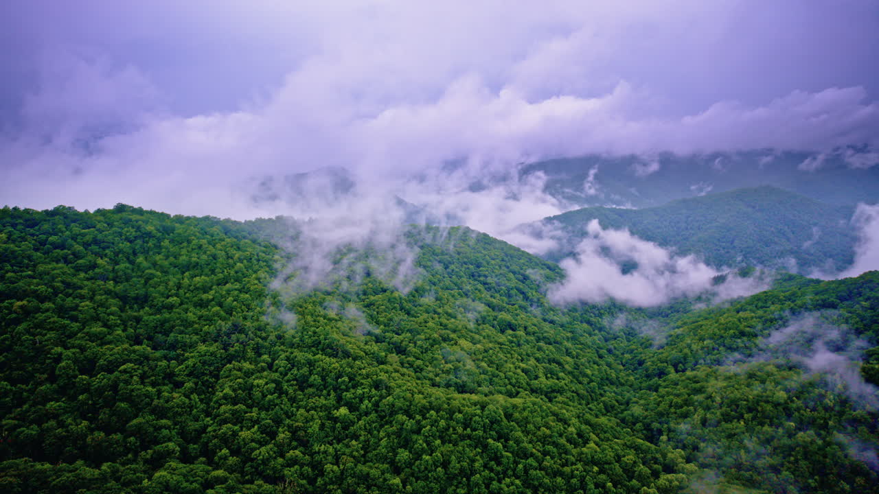 Cinematic aerial reveal of fog-blanketed Smoky peaks