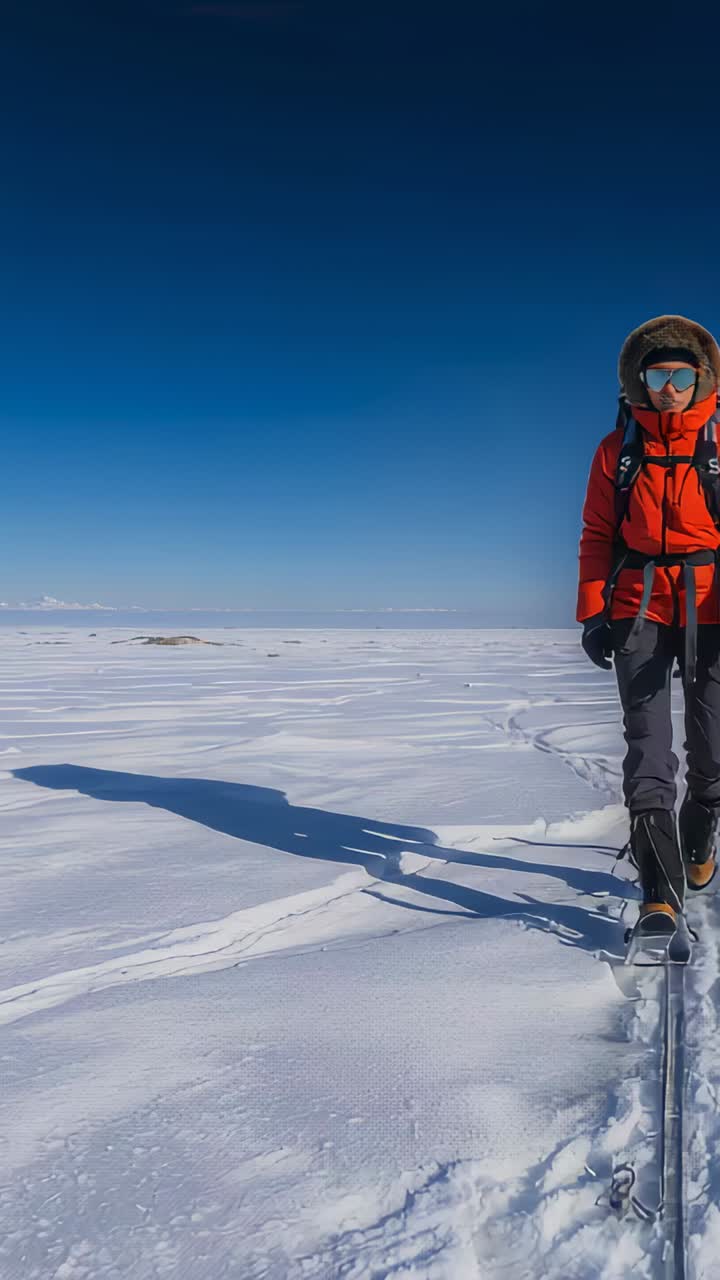 Video verticale: escursionista solitario con parka rossa che scia verso l'obiettivo con la corda durante un'escursione, spazio per il testo