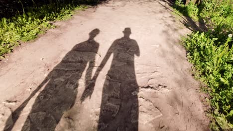 Lange-Silhouette-Schatten-Eines-Paares,-Das-Hand-In-Hand-Auf-Einem-Naturlehrpfad-Spaziert