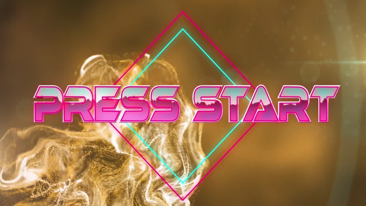 반이는 네온 선과 입자 위에 인쇄 시작 텍스트의 애니메이션