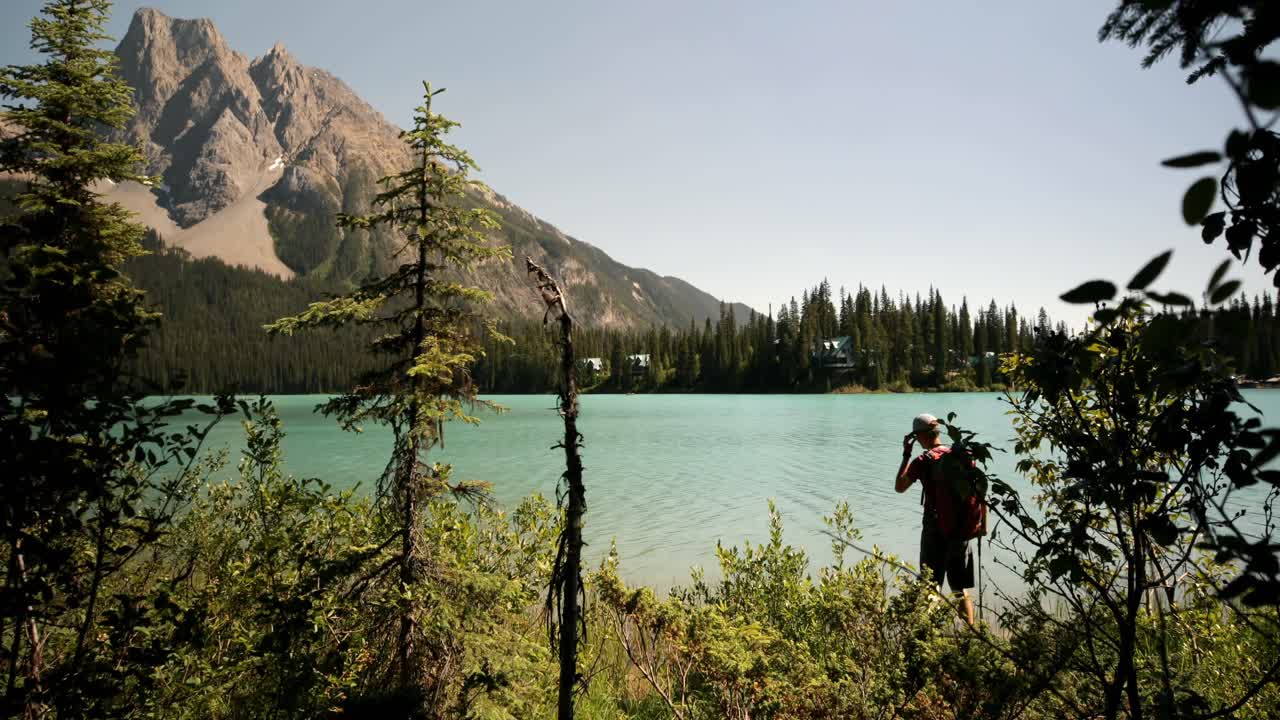 vista trasera de un joven excursionista caucásico con mochila de pie cerca de la orilla del río en el bosque 4k