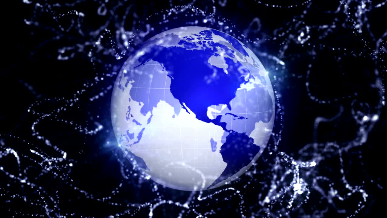 지구 입자 반지, 연결 네트워크 개념 애니메이션, 렌더링, 배경, 루프, 4k