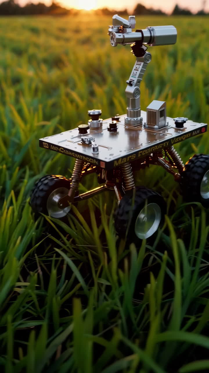 Mars Rover Model in a Field at Sunset